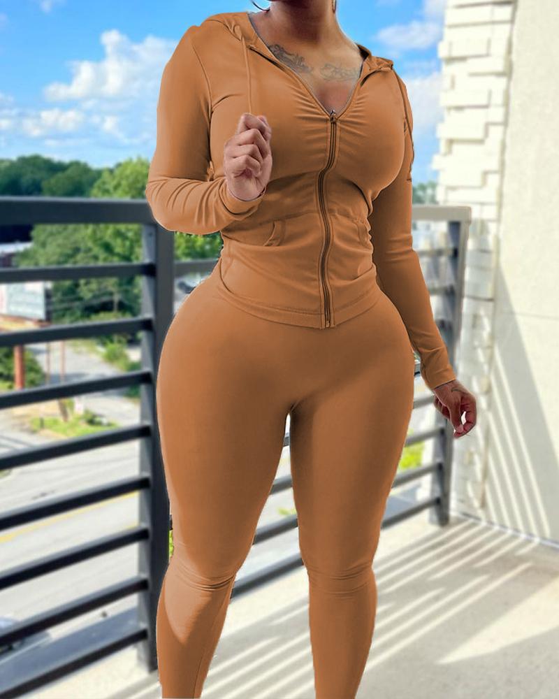 

Zipper Design Hooded Coat & High Waist Pants Set, Brown