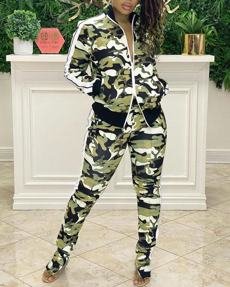 

Camouflage Print Dual Zipper Long Sleeve Top & Pants Set, Camoflage