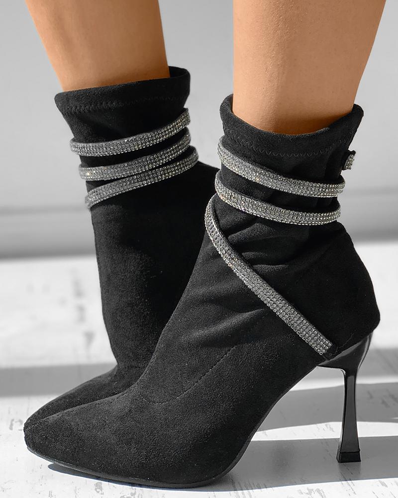 

Rhinestone Decor Pointed Toe Suede Heeled Boots, Black