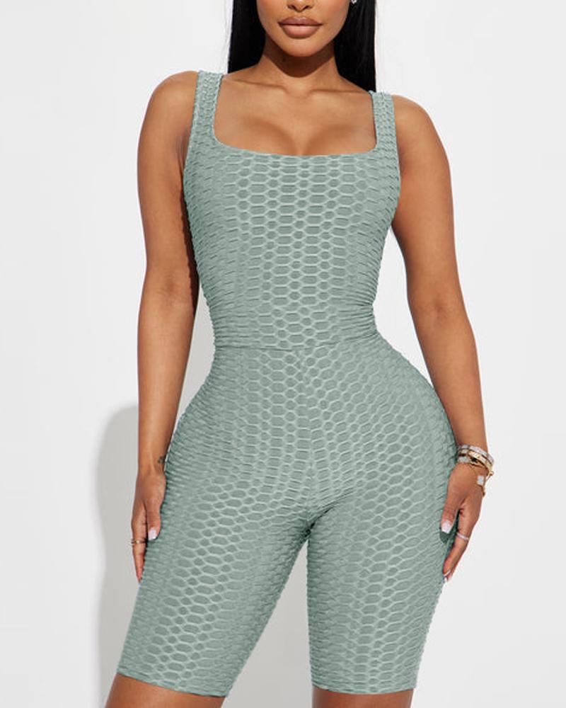 

Square Neck Bubble Textured Active Romper, Gray