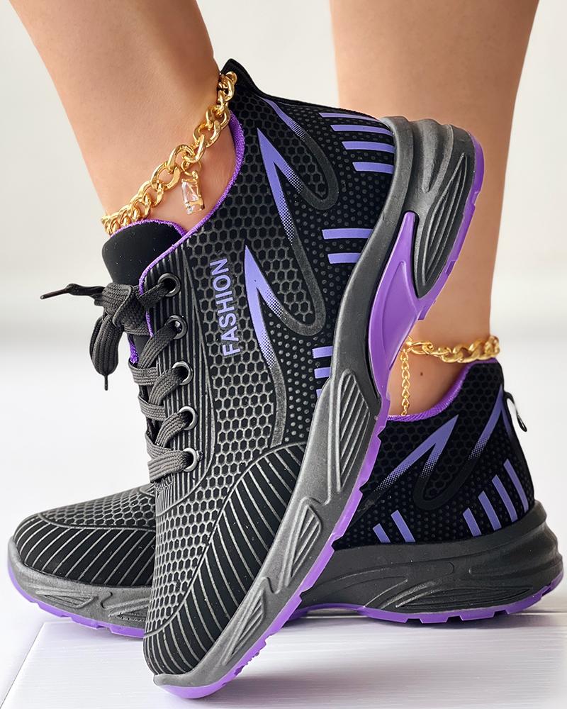 

Contrast Paneled Lace-up Breathable Sneakers, Black&purple