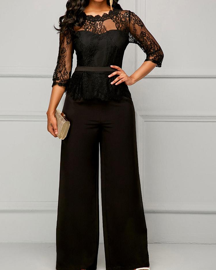 

Crochet Lace Splicing Wide Leg Jumpsuit, Black