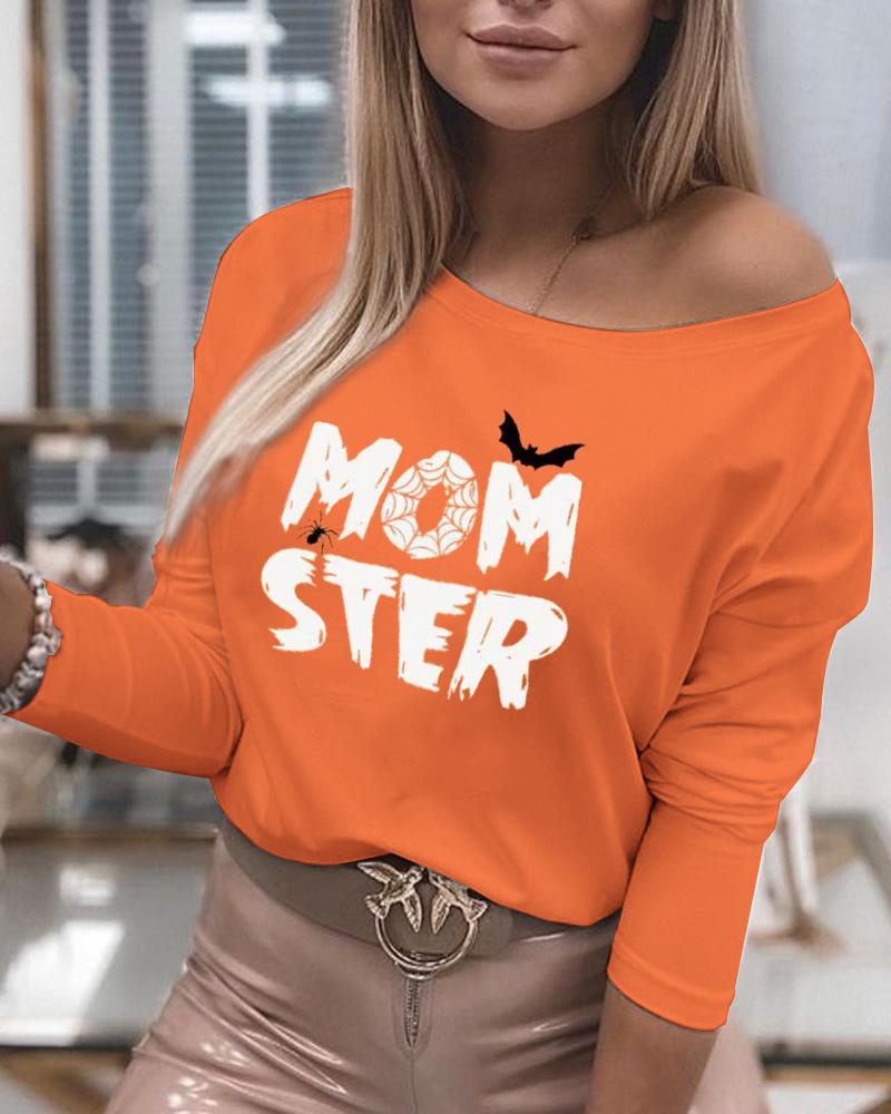 

Halloween Letter Print Long Sleeve Top, Orange