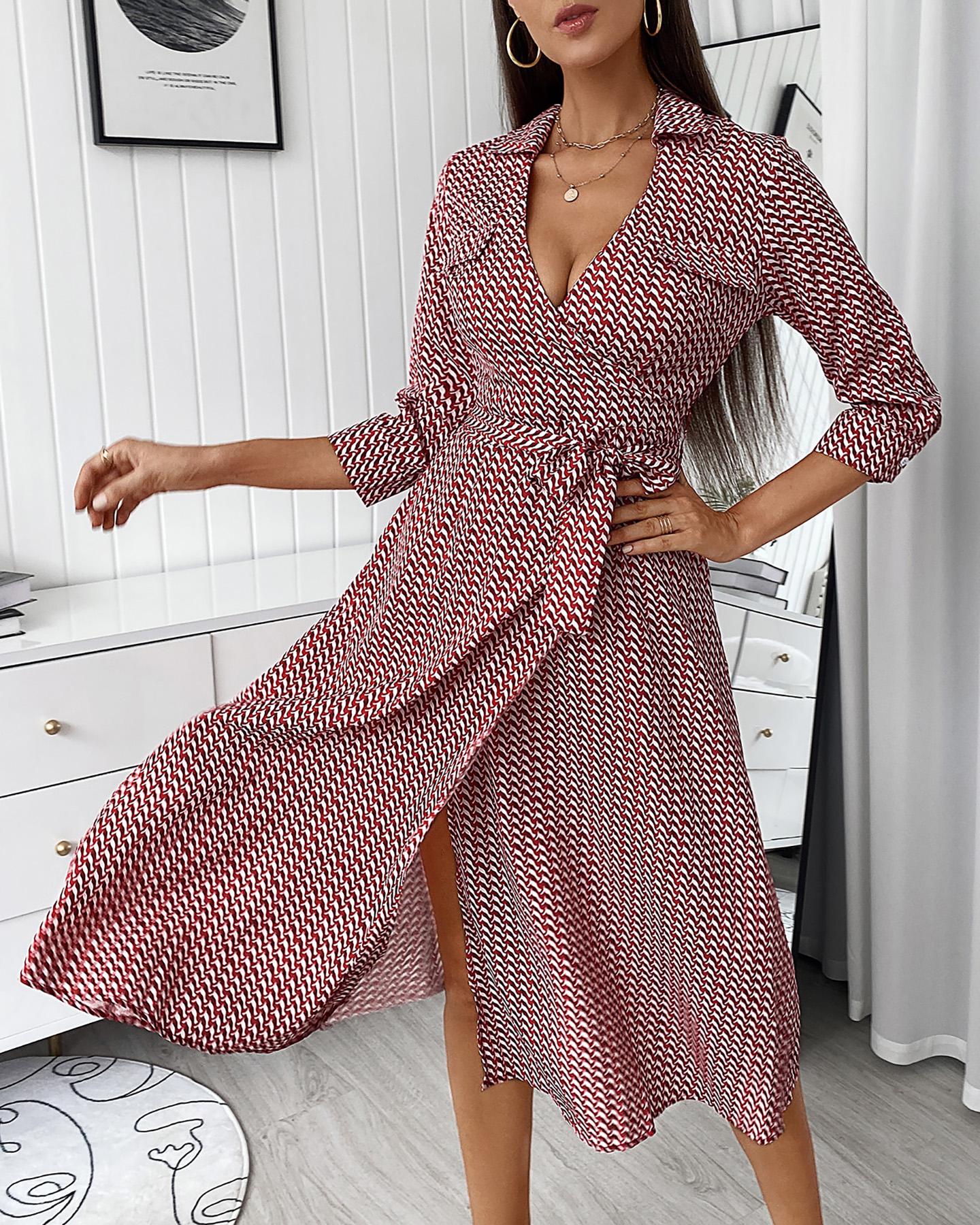 

All Over Print Long Sleeve High Slit Shirt Dress, Hot pink