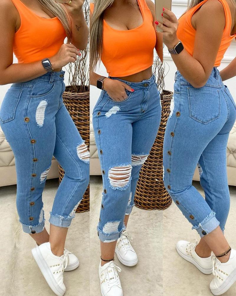 

Eyelet Side Ripped Raw Hem Skinny Jeans, Blue