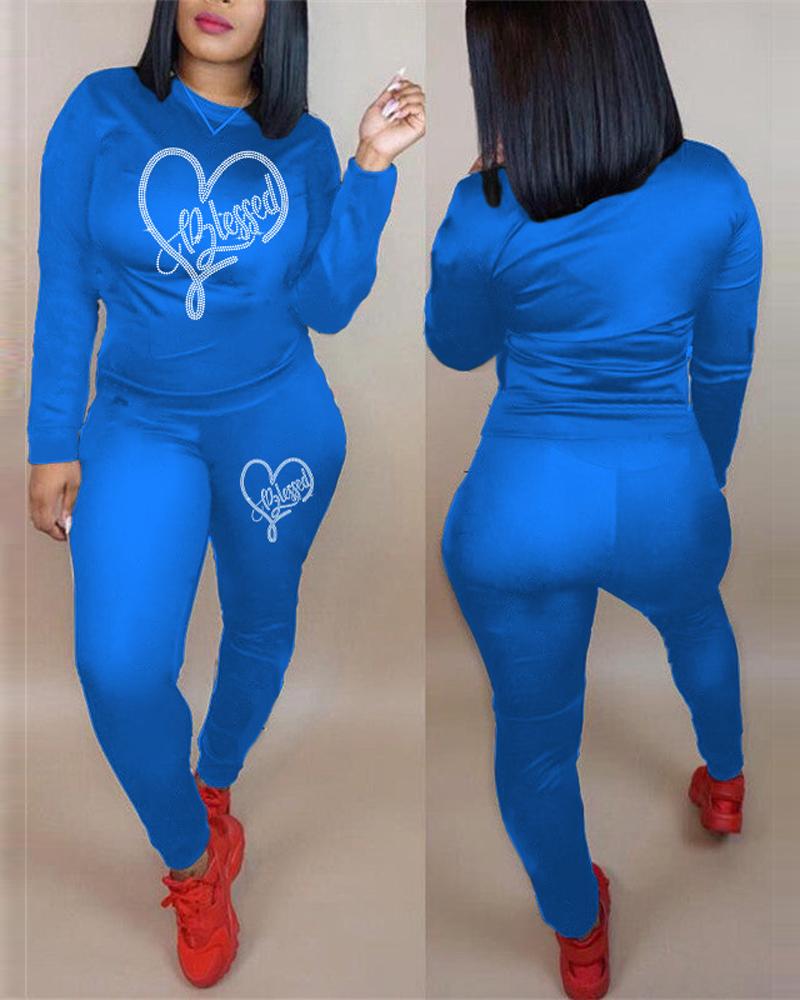 

Plus Size Rhinestone Letter Heart Pattern Top & Pants Set, Blue