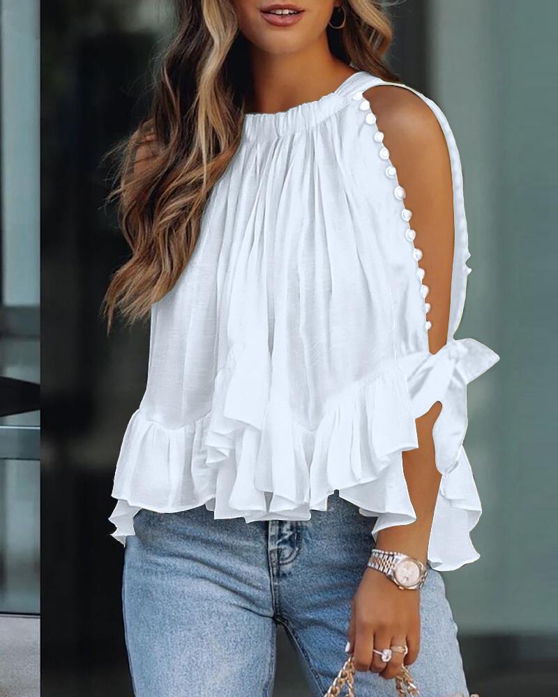 

Ruffle Hem Beaded Decor Split Sleeve Top, White