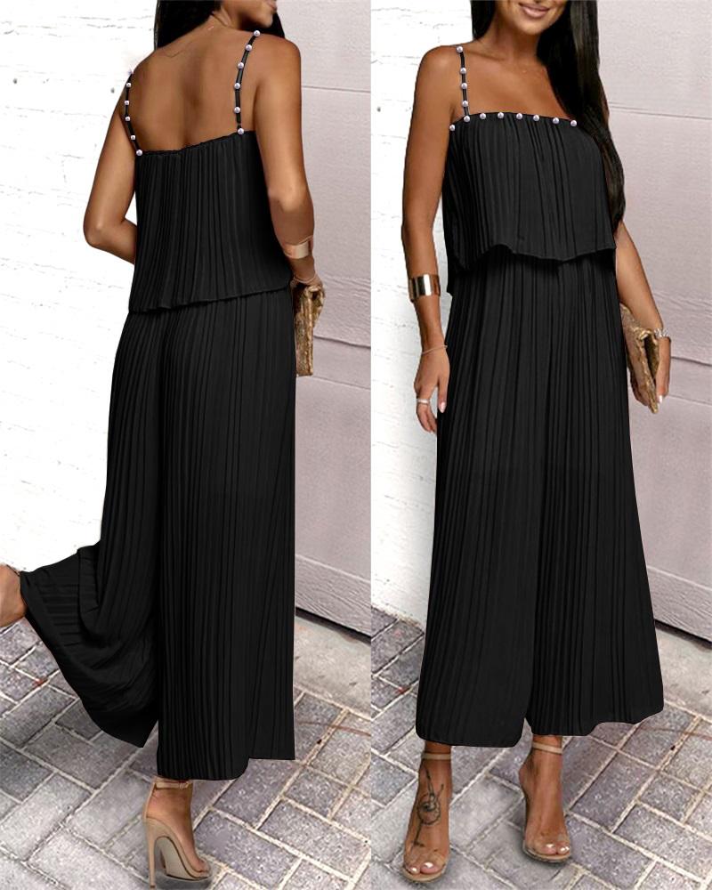 

Pearls Decor Spaghetti Strap Wide Leg Jumpsuit, Black