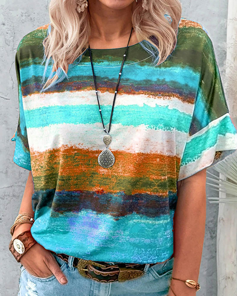 

Round Neck Colorblock Short Sleeve Casual T-shirt, Light blue