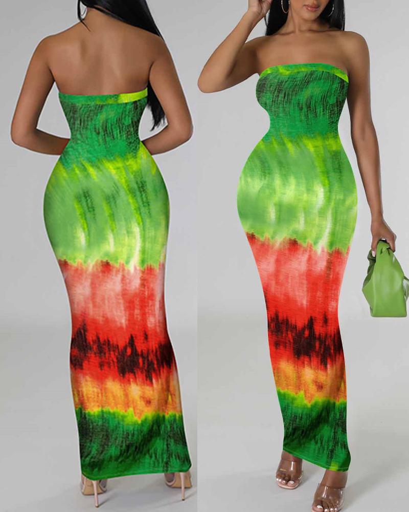

Tie Dye Print Bandeau Maxi Dress, Green