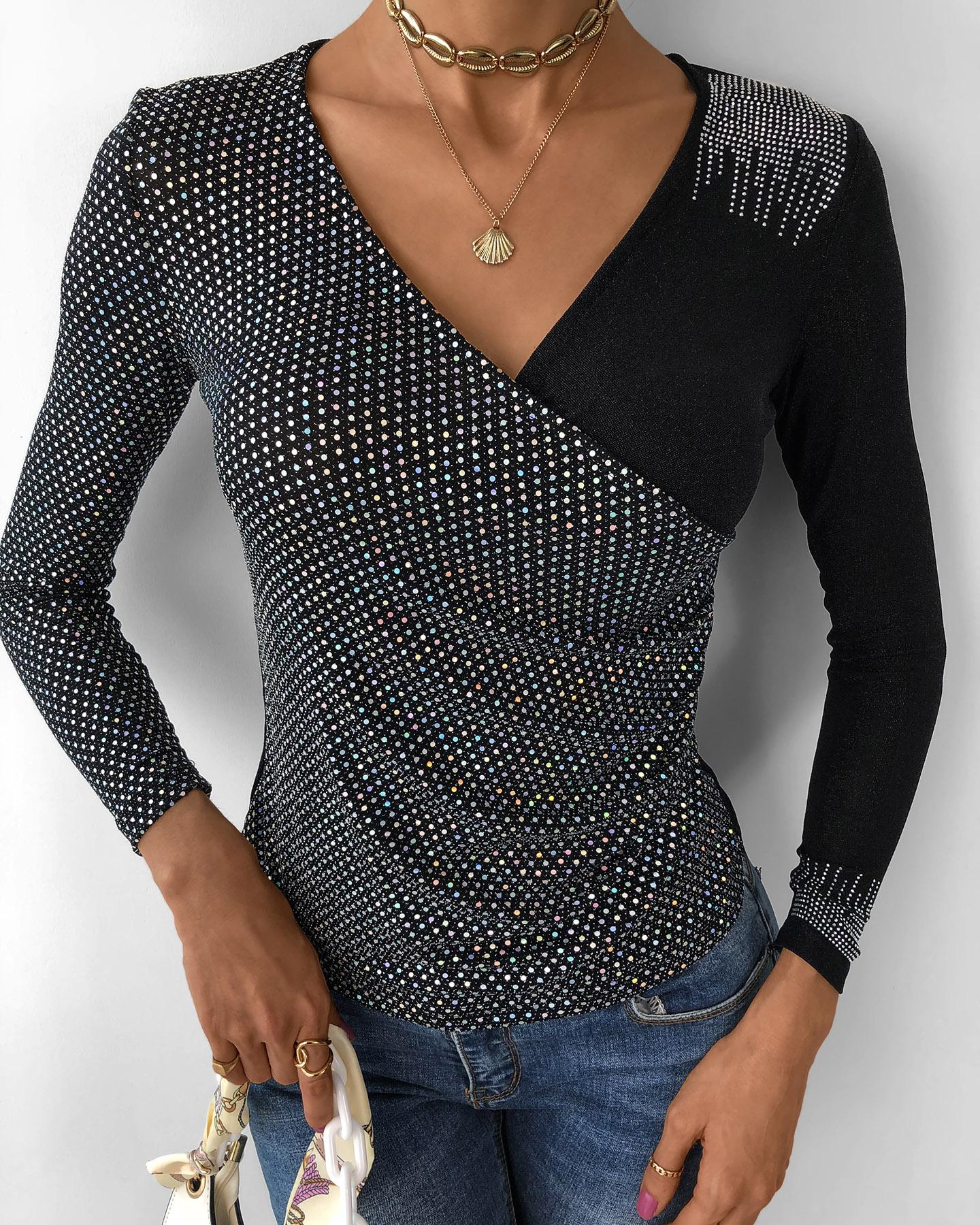 

Studded Long Sleeve Surplice Top, Silver