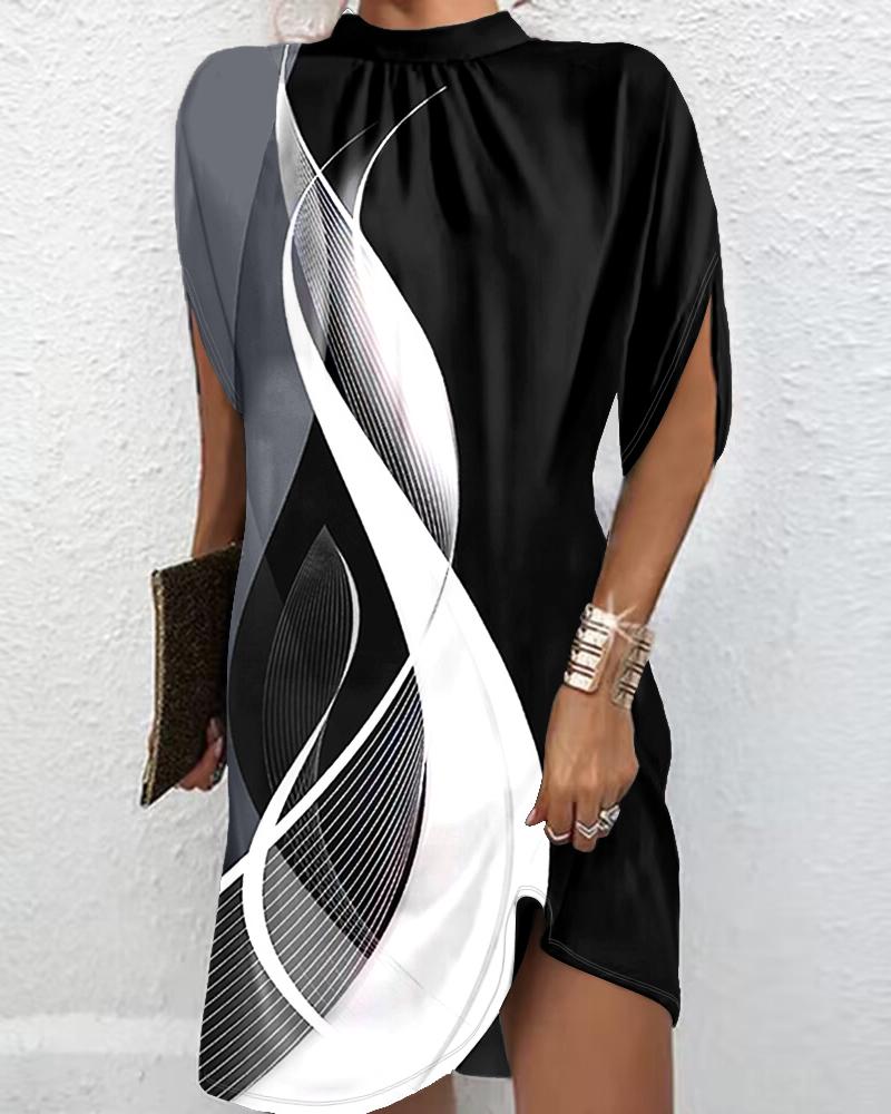 Abstract Print Colorblock Mock Neck Casual Dress