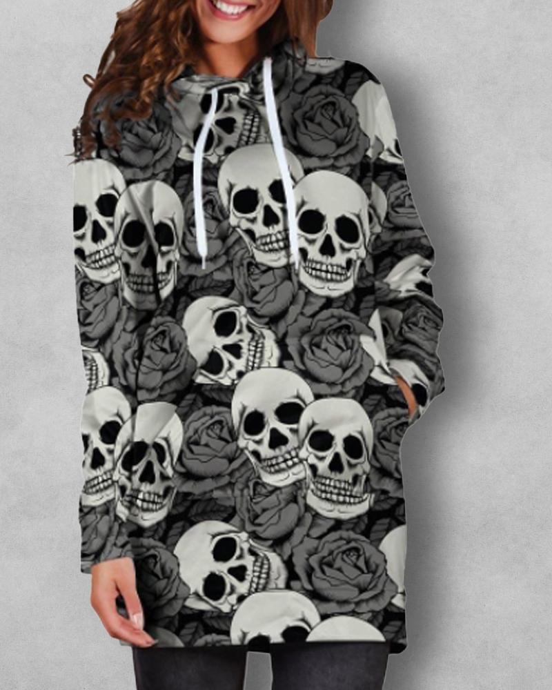 

Halloween Skull Floral Print Drawstring Hooded Sweatshirt, Gray