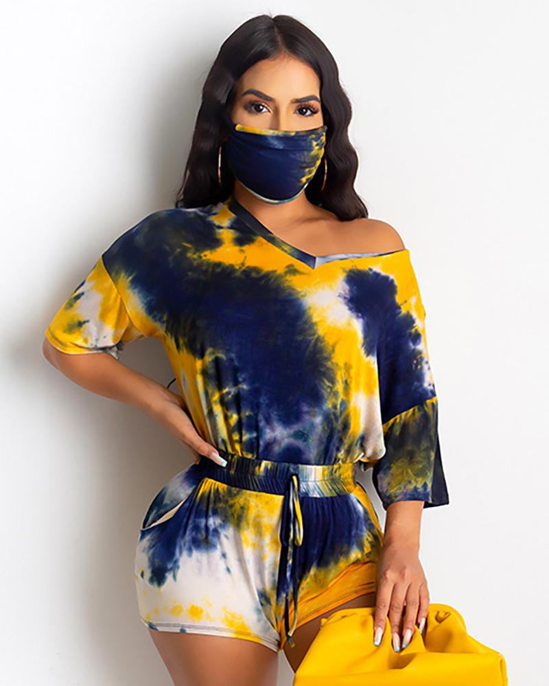 

Tie Dye Print Casual Top With Face Bandana & Drawstring Shorts Set, Dark blue
