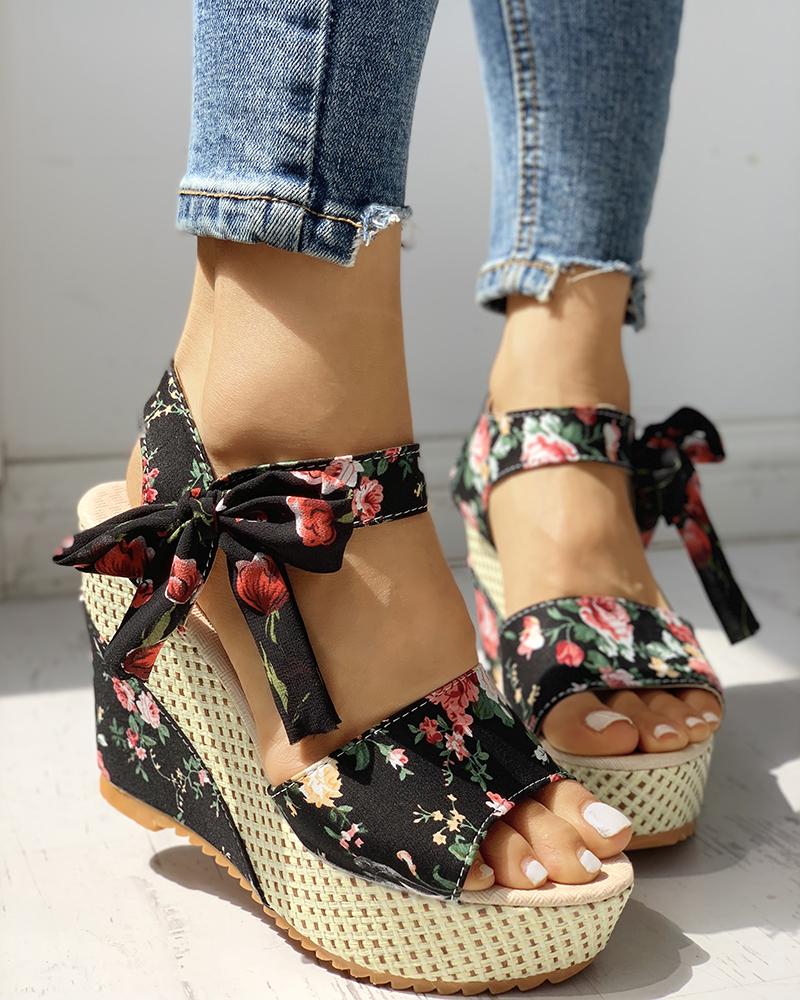 

Bowknot Design Platform Espadrille Wedge Sandals, Black