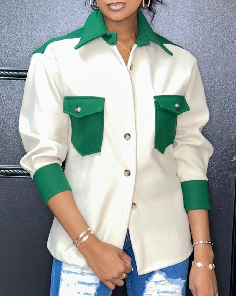 

Colorblock Pocket Design Buttoned Shirt, Green