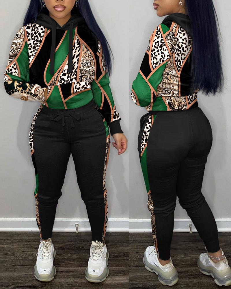 

Leopard Print Long Sleeve Hoodie & Pants Set, Green