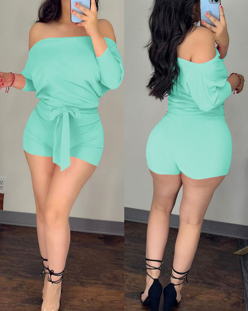 

Batwing Sleeve Off Shoulder Tied Detail Romper, Green