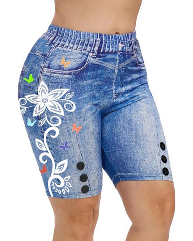 

Plus Size Floral Butterfly Denim Look Print High Waist Shorts, Blue