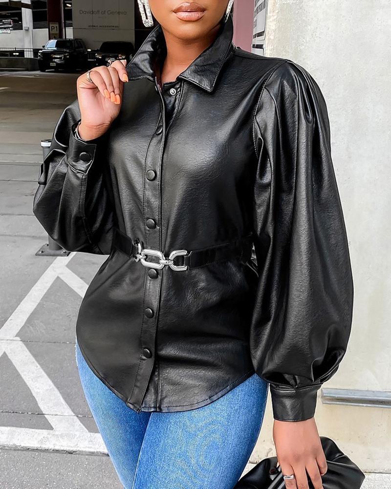 

PU Leather Lantern Sleeve Ruched Jacket, Black