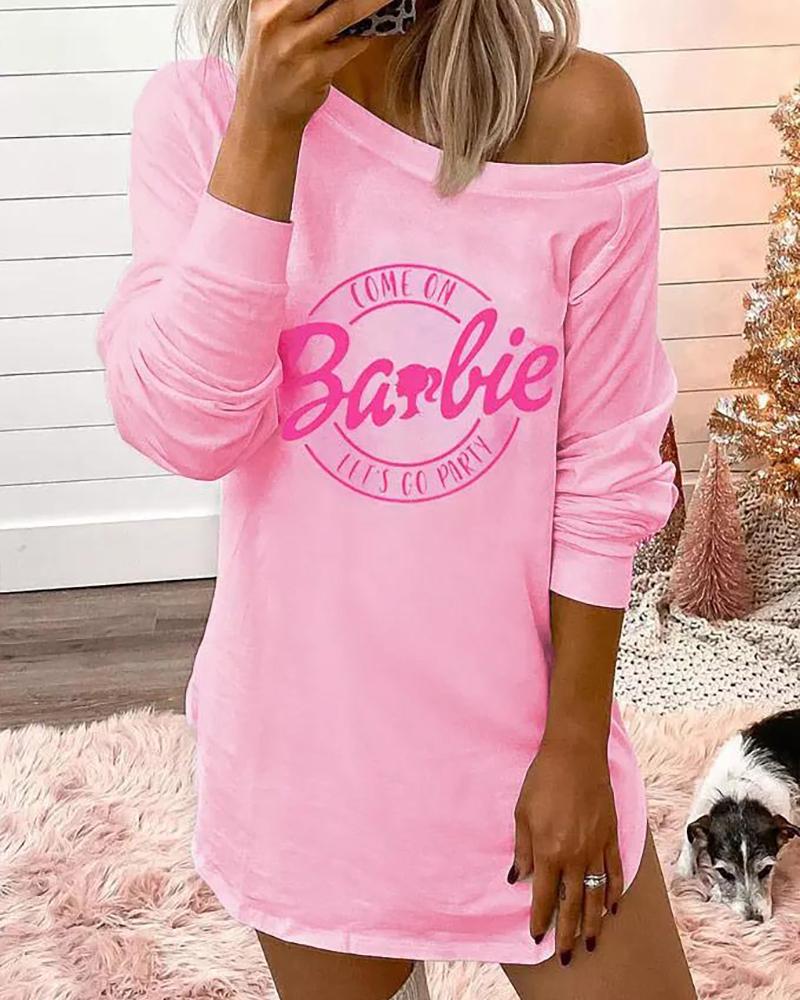 

Come On Barbie Let' Go Party Print Long Sleeve Sweatshirt Dress, Pink