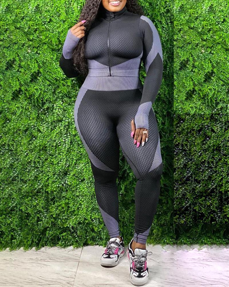 

Plus Size Colorblock Zipper Design Top & High Waist Pants Set, Black