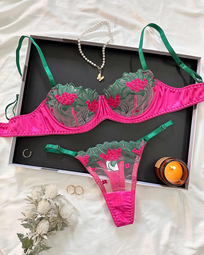 

Floral Embroidery Mesh Patch Lingerie Set, Hot pink