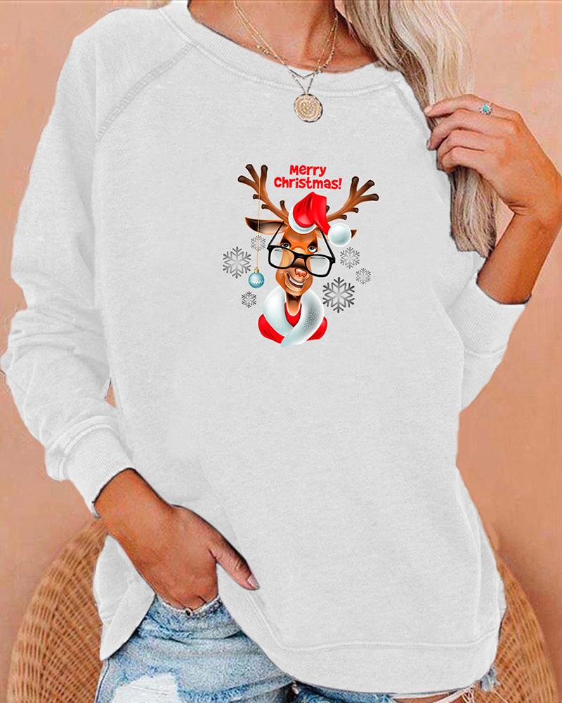 

Christmas Elk Letter Print Long Sleeve Sweatshirt, White