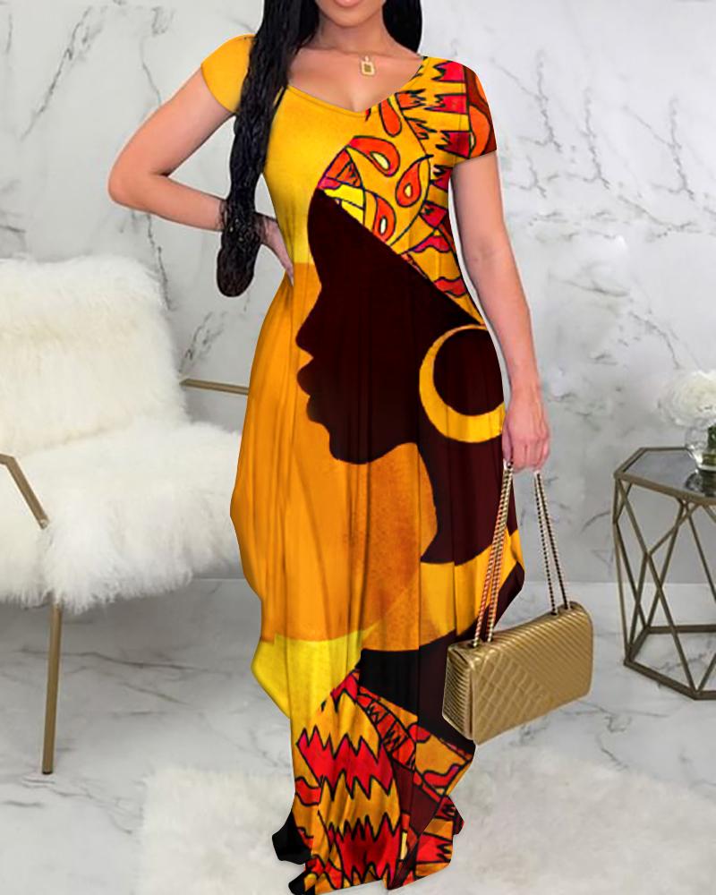 

Abstract Figure Print Short Sleeve Maxi Dress, Yellow