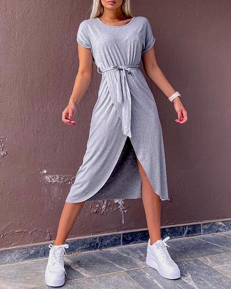 

Tie Front Short Sleeve Slit Casual T-Shirt Dress, Gray