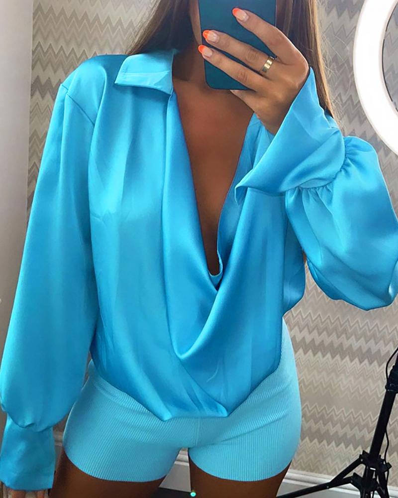 

Lantern Sleeve Ruched Cowl Neck Top, Blue