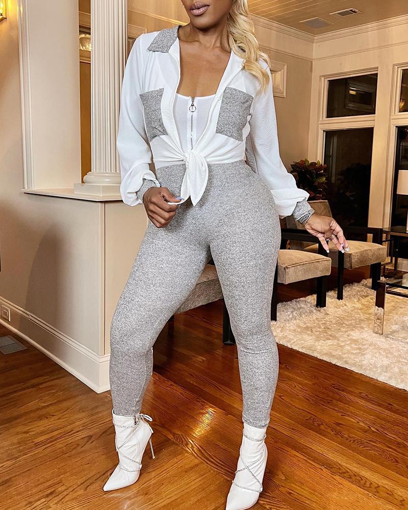 

Colorblock Pocket Patch Shirt & Zipper Design Jumpsuit Set, Light gray