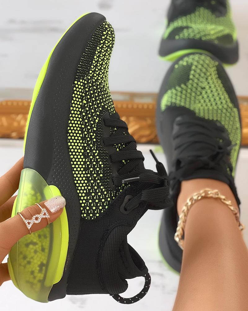 

Colorblock Breathable Lace-up Knit Sneakers, Black&green