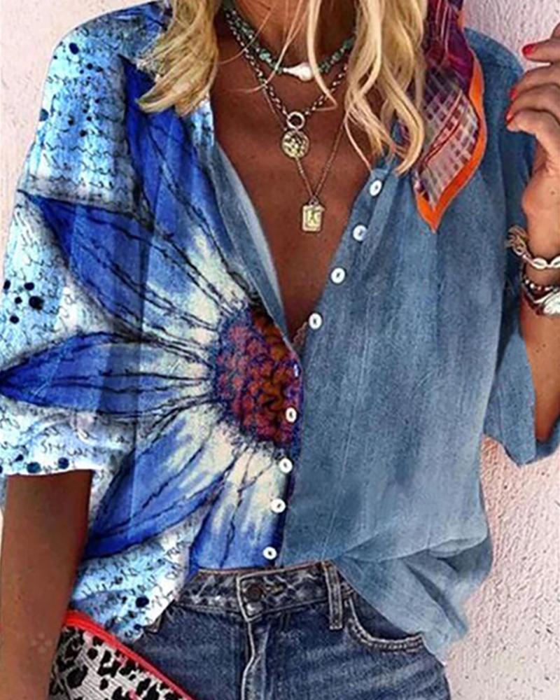 

Sunflower Pattern Print Colorblock Buttoned Lantern Sleeve Top, Blue