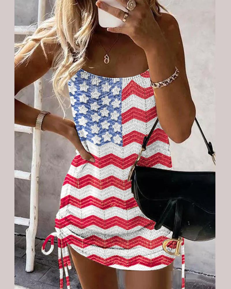 

Independence Day Flag Print Drawstring Crochet Cover Up, Red