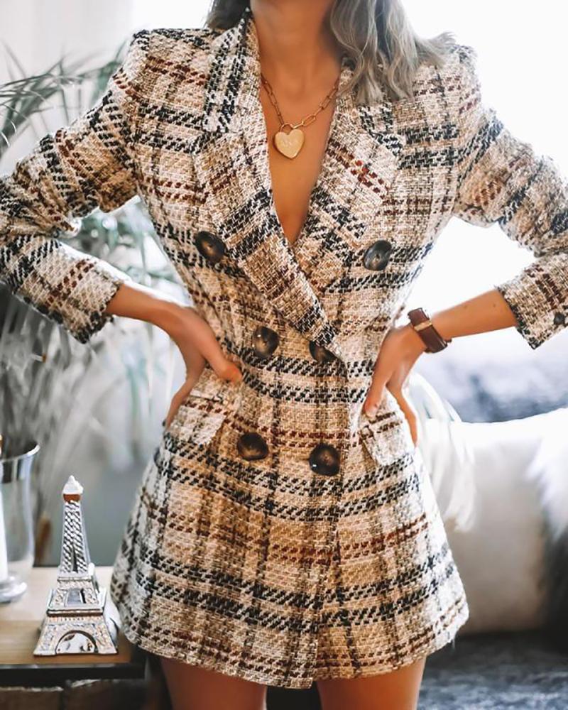 

Plaid Print Buttoned Blazer Coat, Brown
