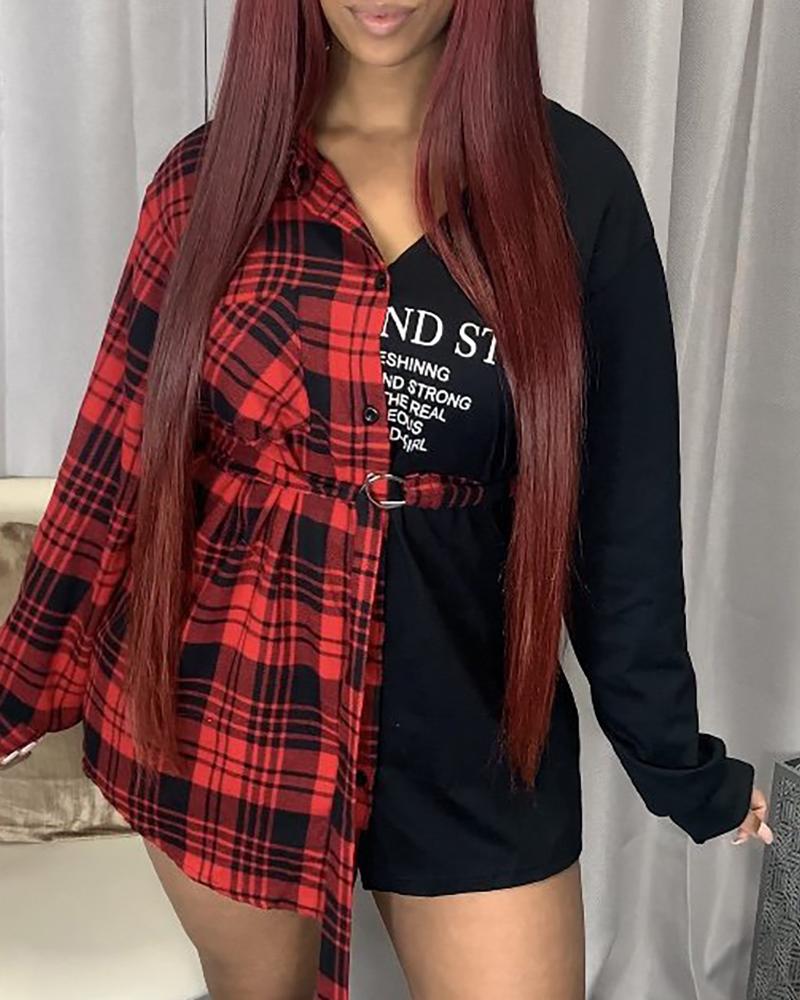 

Plaid Letter Print Colorblock Casual Shirt, Red