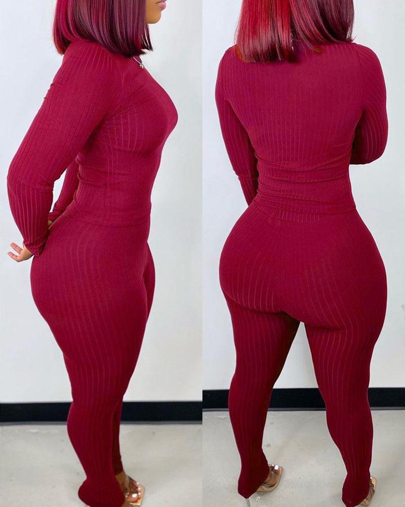

Ribbed Long Sleeve Top & Skinny Pants Set, Red