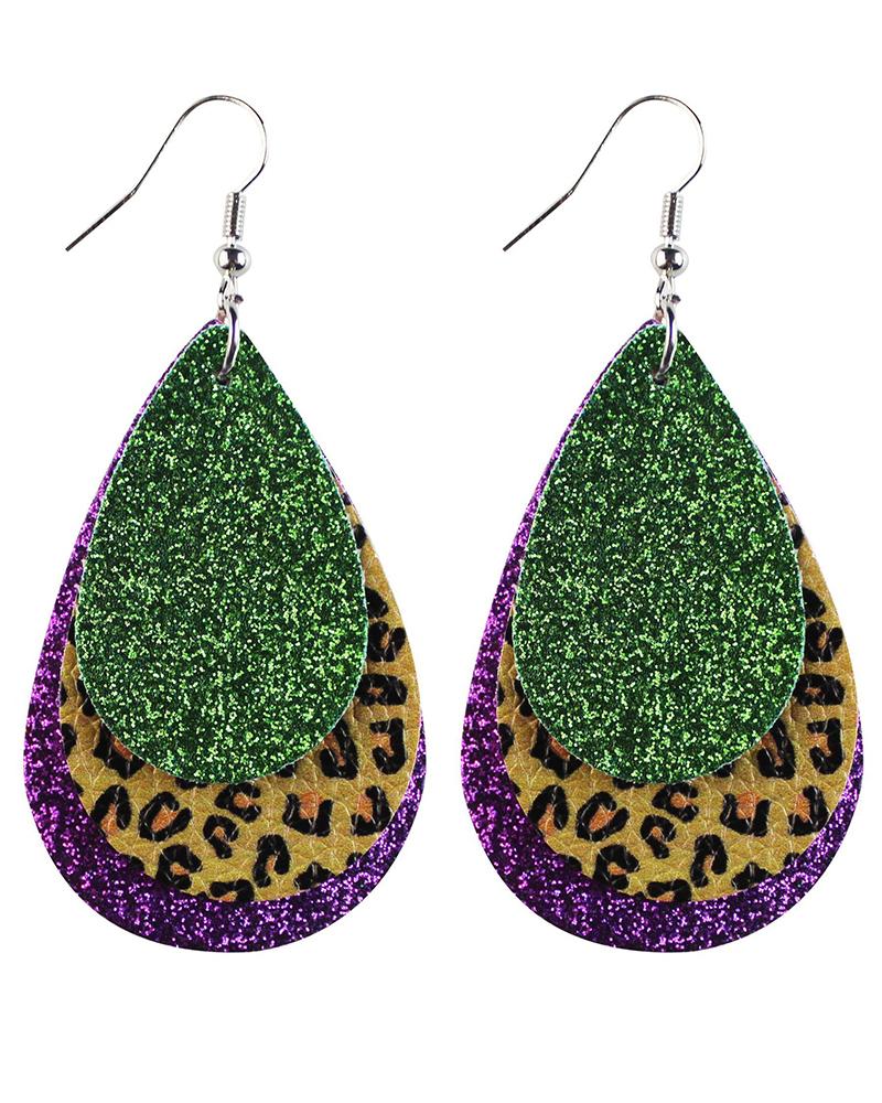 

1Pair Mardi Gras Festival Leopard Hook Teardrop Earrings, Green