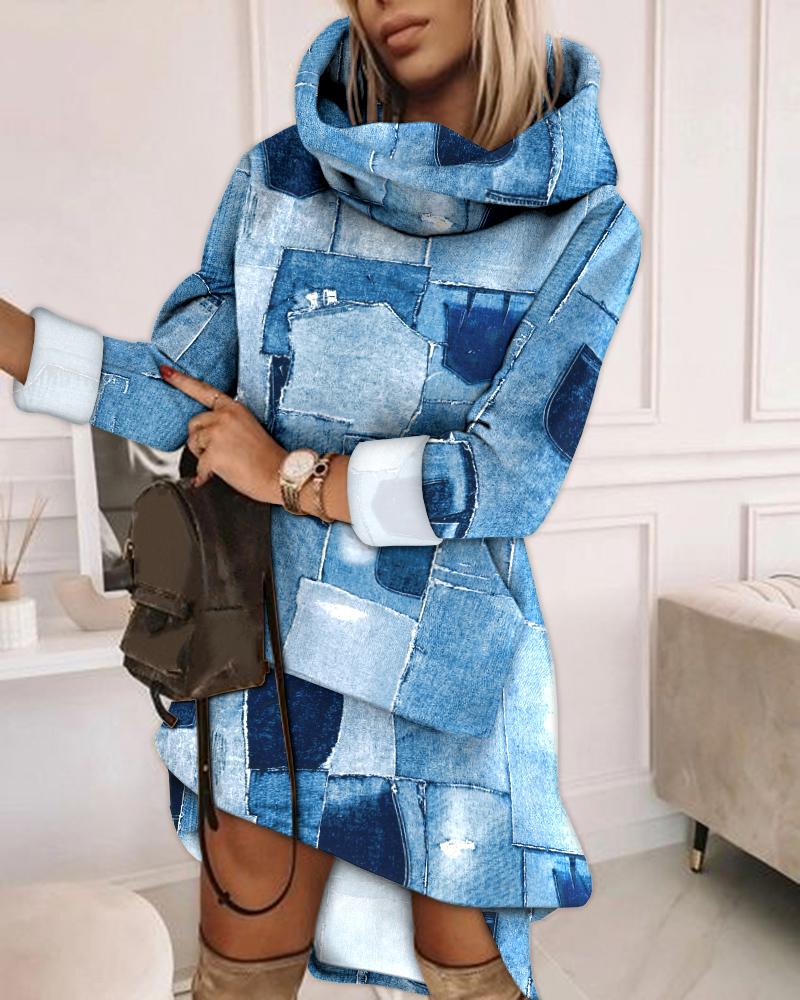 

Denim Look Print Long Sleeve Sweatshirt Dress, Blue