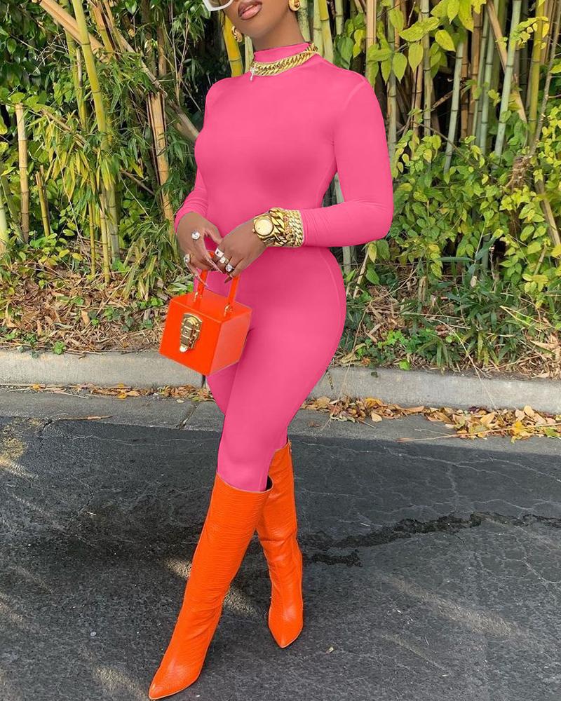 

Zip Back Long Sleeve Skinny Jumpsuit, Hot pink