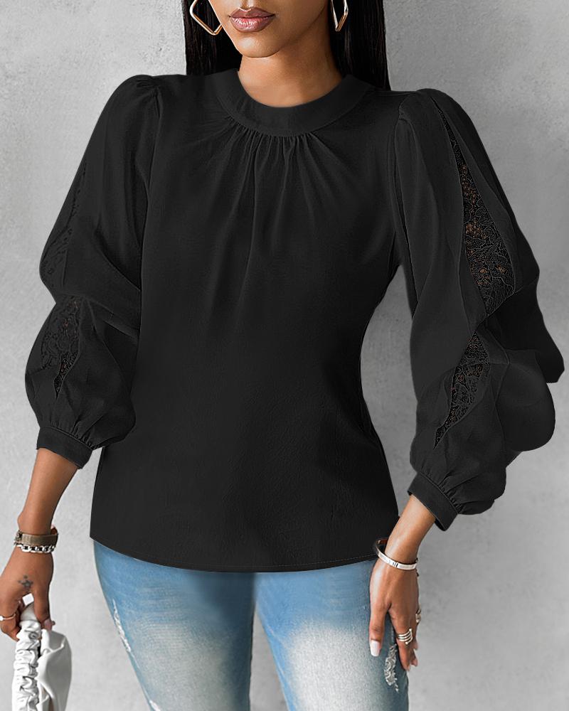 

Lace Patch Ruched Lantern Sleeve Top, Black