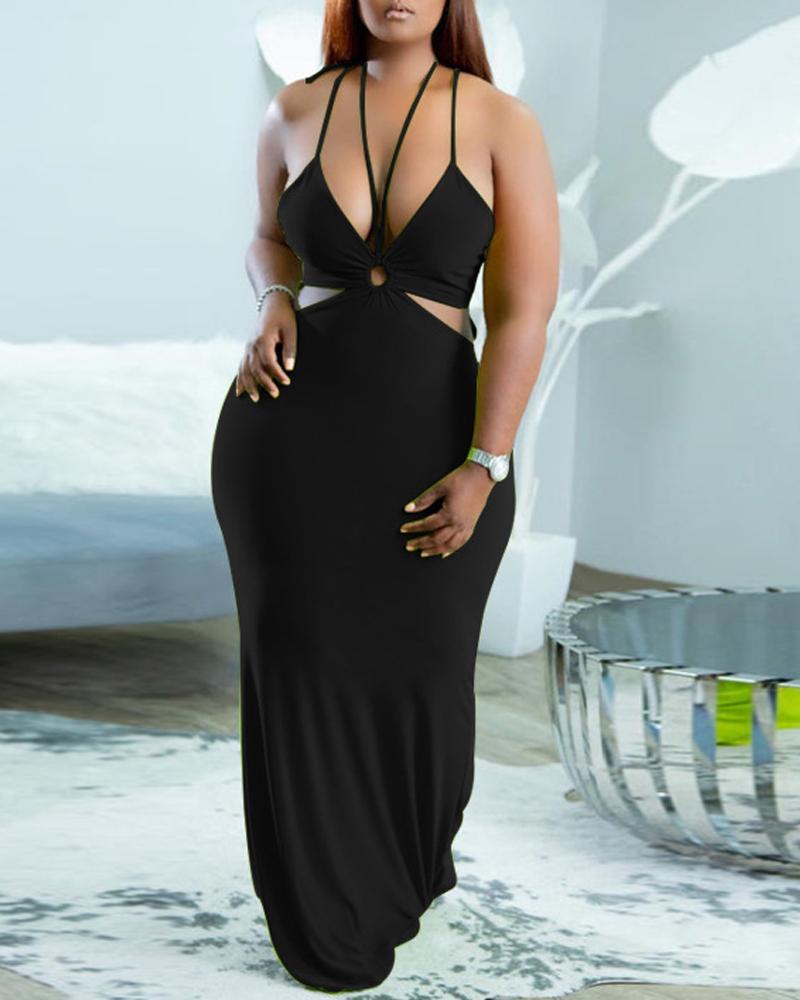 

Plus Size O-Ring Cutout Halter Maxi Dress, Black