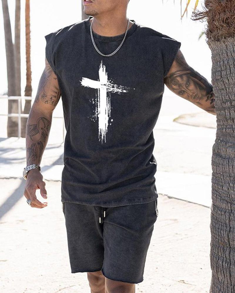 

Cross Patterns Print Sleeveless Loose Tanks, Black
