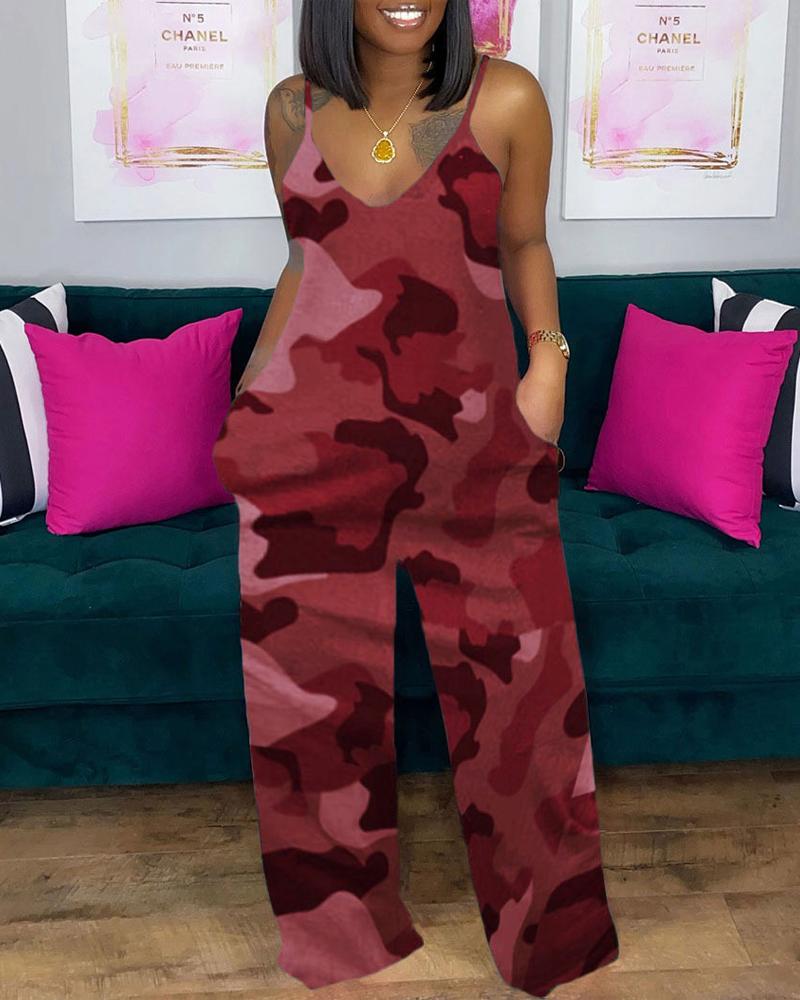 

Plus Size Camouflage Print Spaghetti Strap Jumpsuit, Red