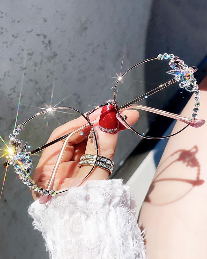 

1Pair Square Metal Frame Rhinestone Anti Blue Light Eyeglasses, Pink