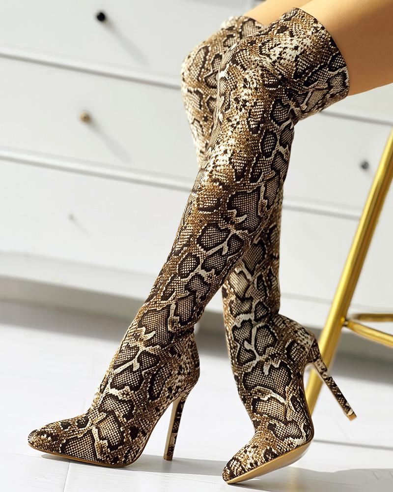 

Snakeskin Print Thin Heeled Thigh High Boots