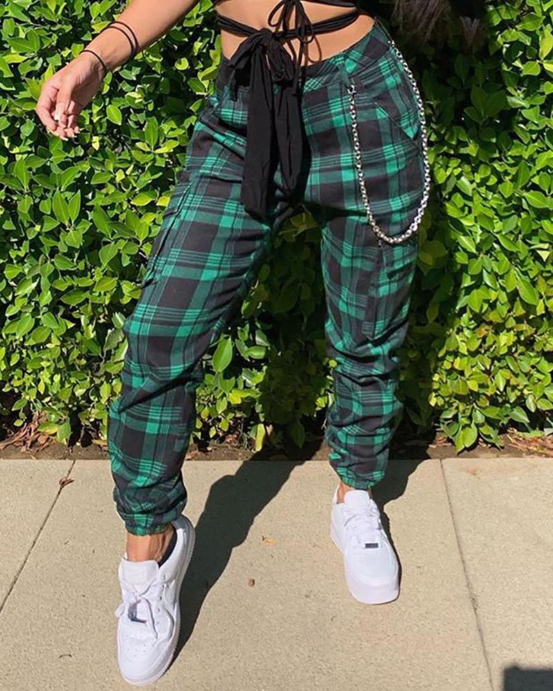 

Pocket Design Plaid Print Chain Decor Harem Pants, Green