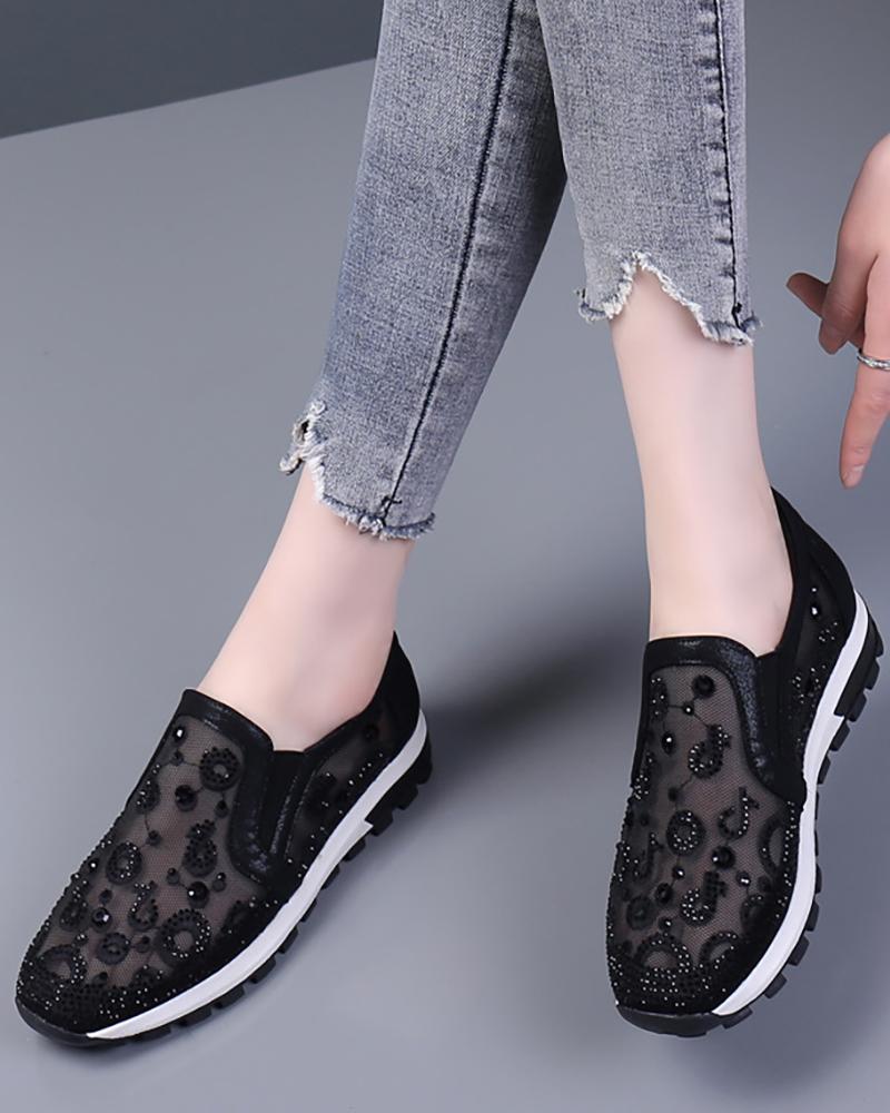 

Rhinestone Music Notes Pattern Sheer Mesh Sneakers, Black