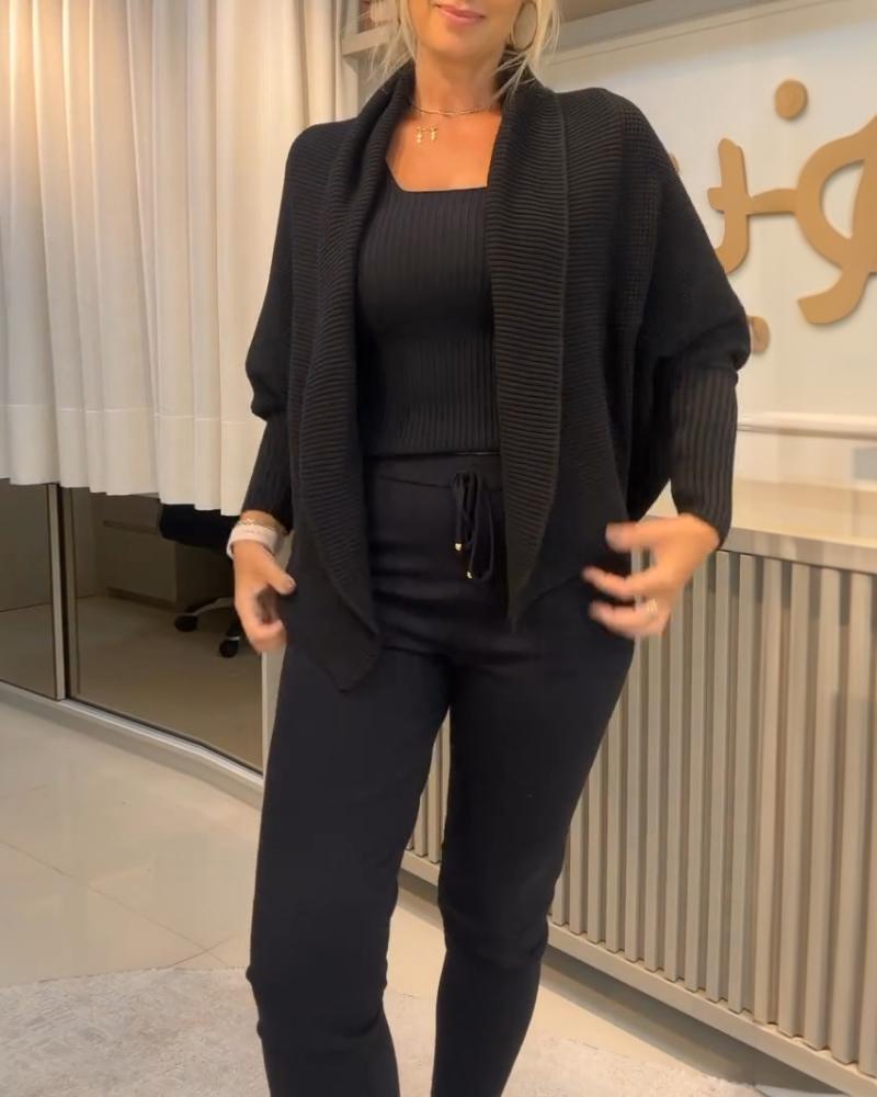 

3PCS Batwing Sleeve Cardigan With Asymmetrical Neck Tank Top & Stretchy Waist Pants Set, Black